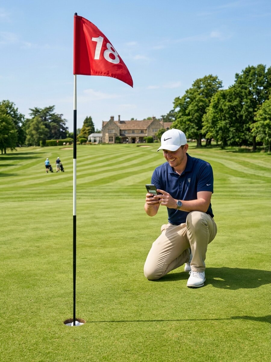 A flagstick on a manicured golf green