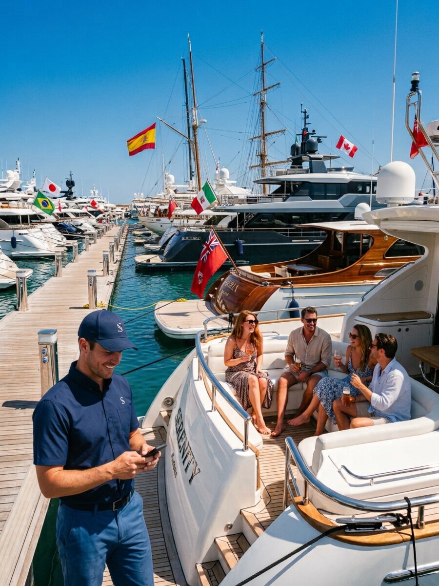 Yachts moored along a marina dock